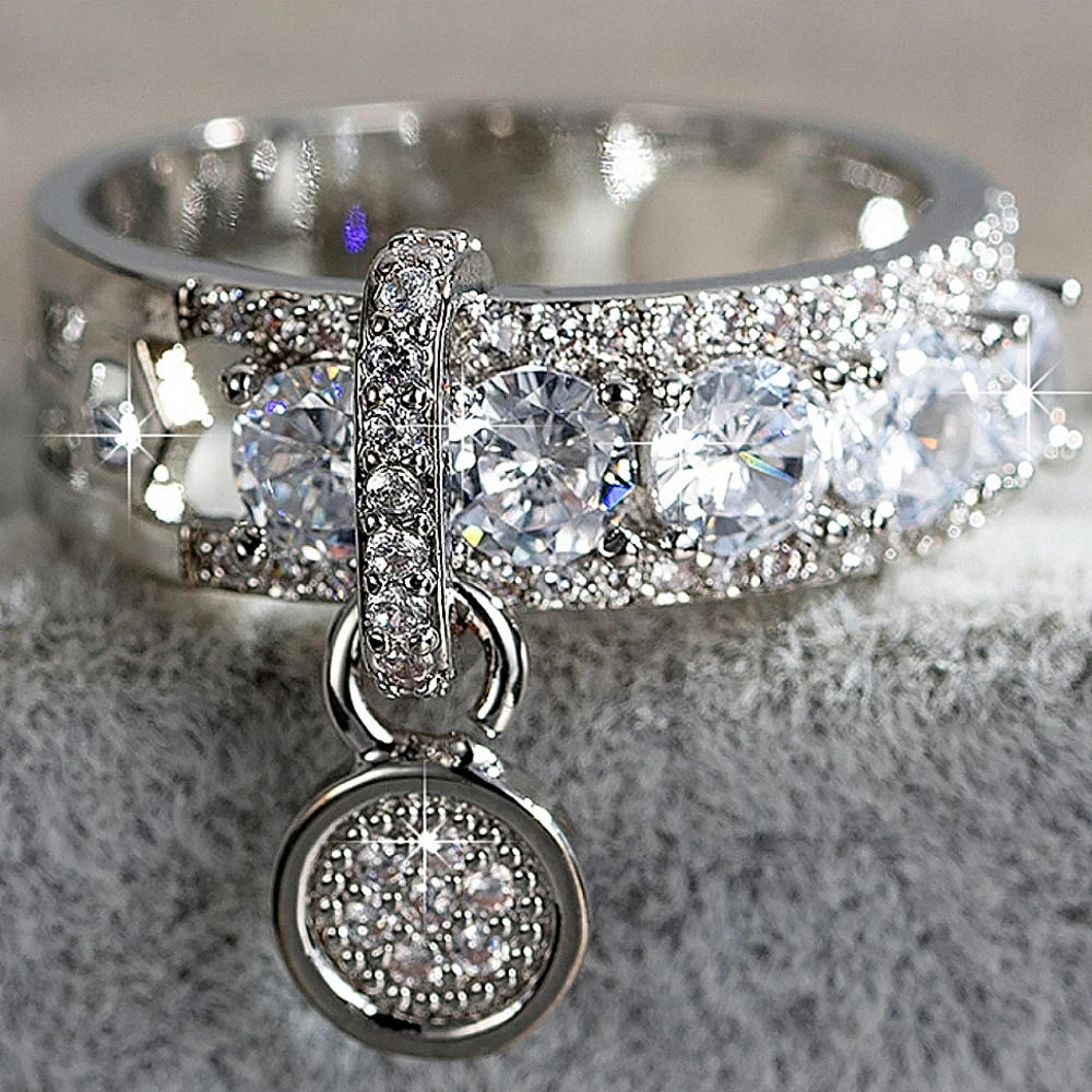 Silver Dangle Charm Size 7 Crystal Rhinestone Ring Finger Jewelry